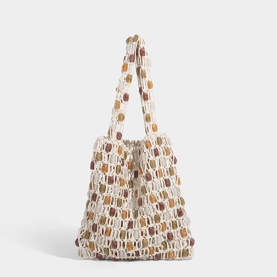 Women Hand-Woven Beaded Design Color-Blocking Tote Bag Patchwork Net Woven Shoulder Bag Summer Hollow-Out Beach Handbag Bolsa