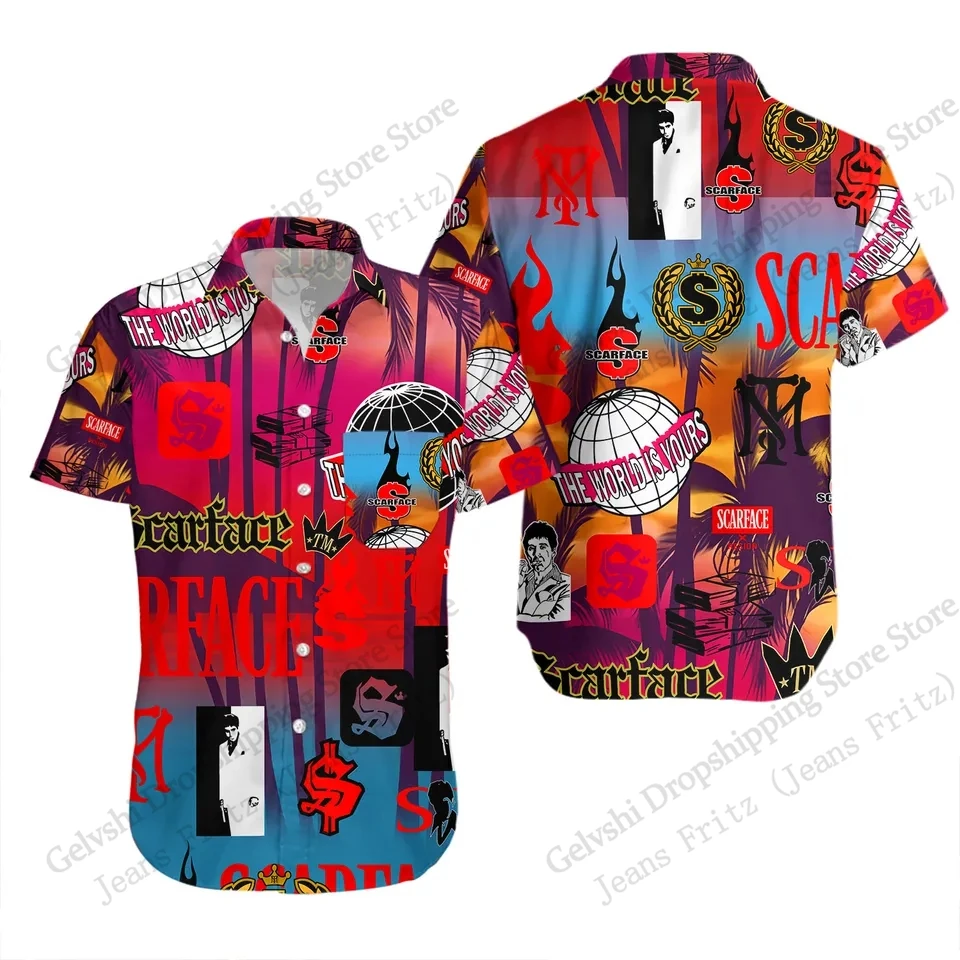 

2026 Новая гавайская рубашка со шрамом из фильма Тони Монтана, рубашка с 3D принтом для мужчин и женщин, модная пляжная блузка с коротким рукавом, уличные футболки