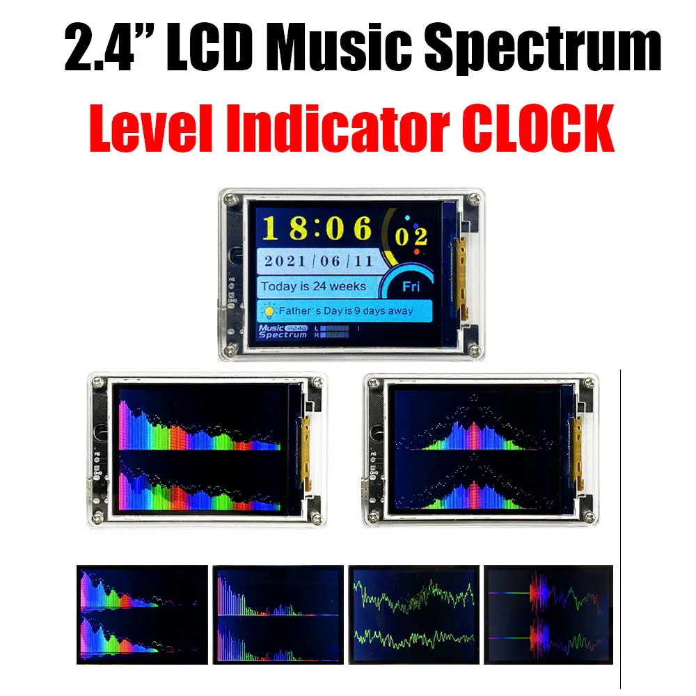 2.4 Inch LCD Music Spectrum Display Analyzer Level Indicator Audio Rhythm Light Digital Clock Holiday Reminder + Remote Control