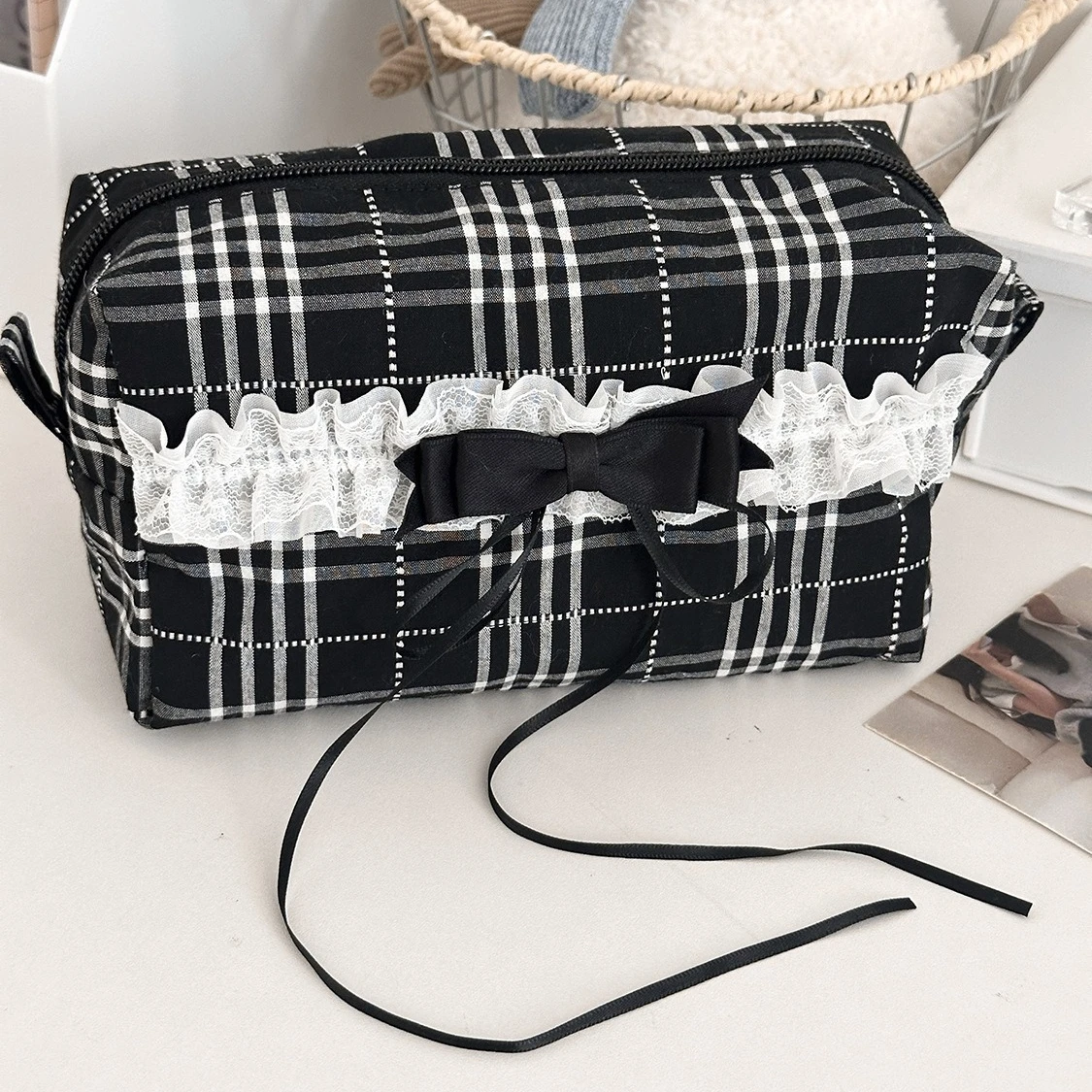Cute Lace Bow Women's Canvas Cosmetic Bags Portable Ladies Clutch Purse Lipstick Makeup Case Fashion Female Storage Bag