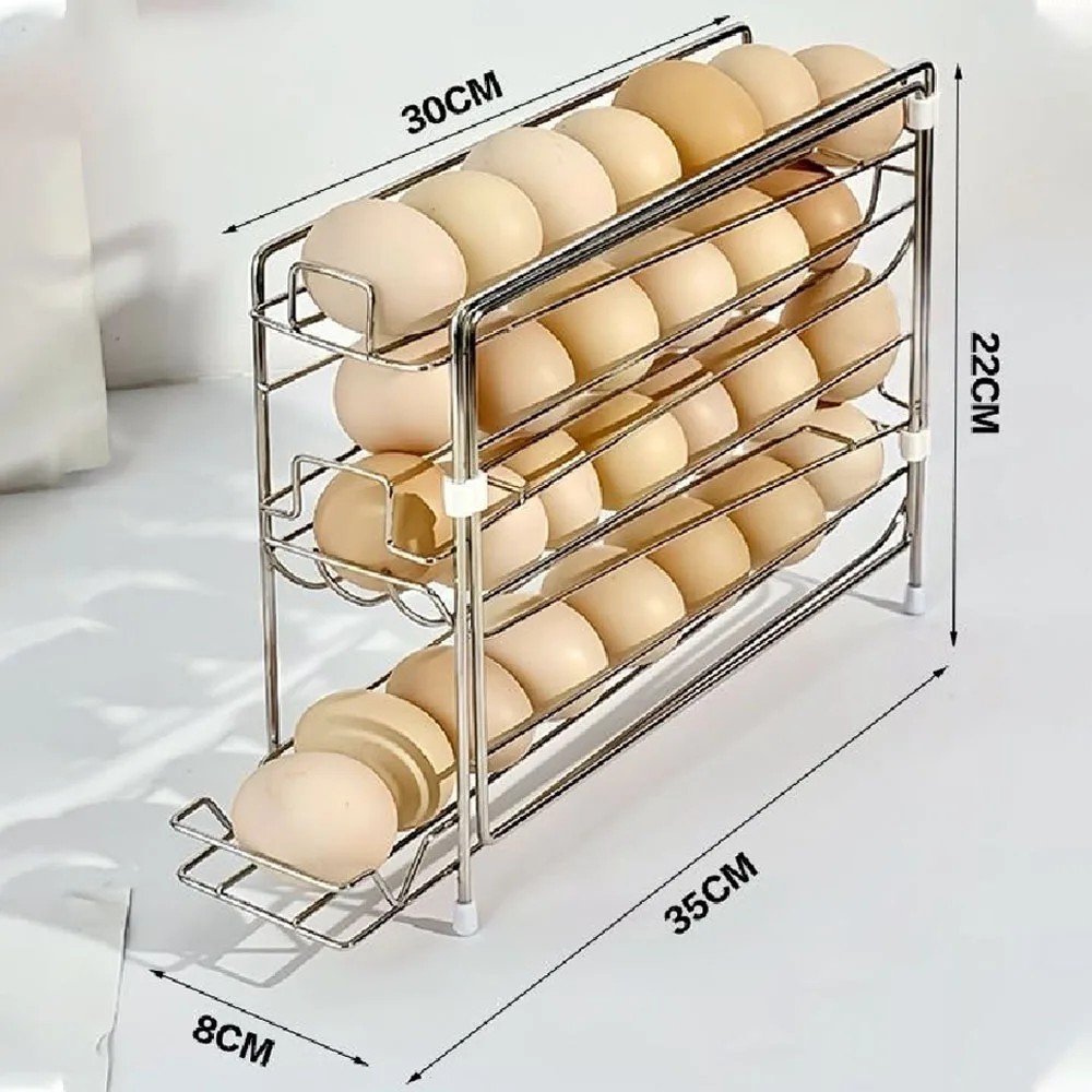 30 Grids Refrigerator Metal Egg Storage Box Plastic Space Saving Automatic Scrolling Egg Holder Large Capacity Dedicated