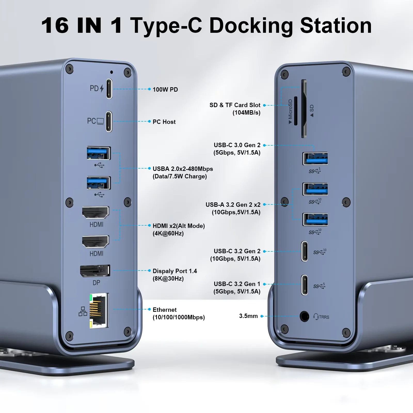 FC&EC 15/12 in 1 Hub Type-C Docking Station 4K@60Hz HDMI DisplayPort USB A RJ45 SD TF Audio Port Adapter for Macbook Pro Laptop
