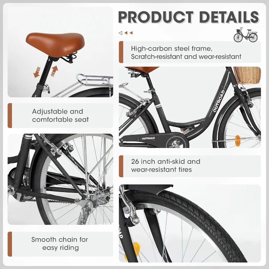 24 26 دراجة كروزر الشاطئ للنساء والرجال دراجة المدينة المريحة مع سلة أمامية للتخزين الخلفي ارتفاع المقعد القابل للتعديل قوي HighCa