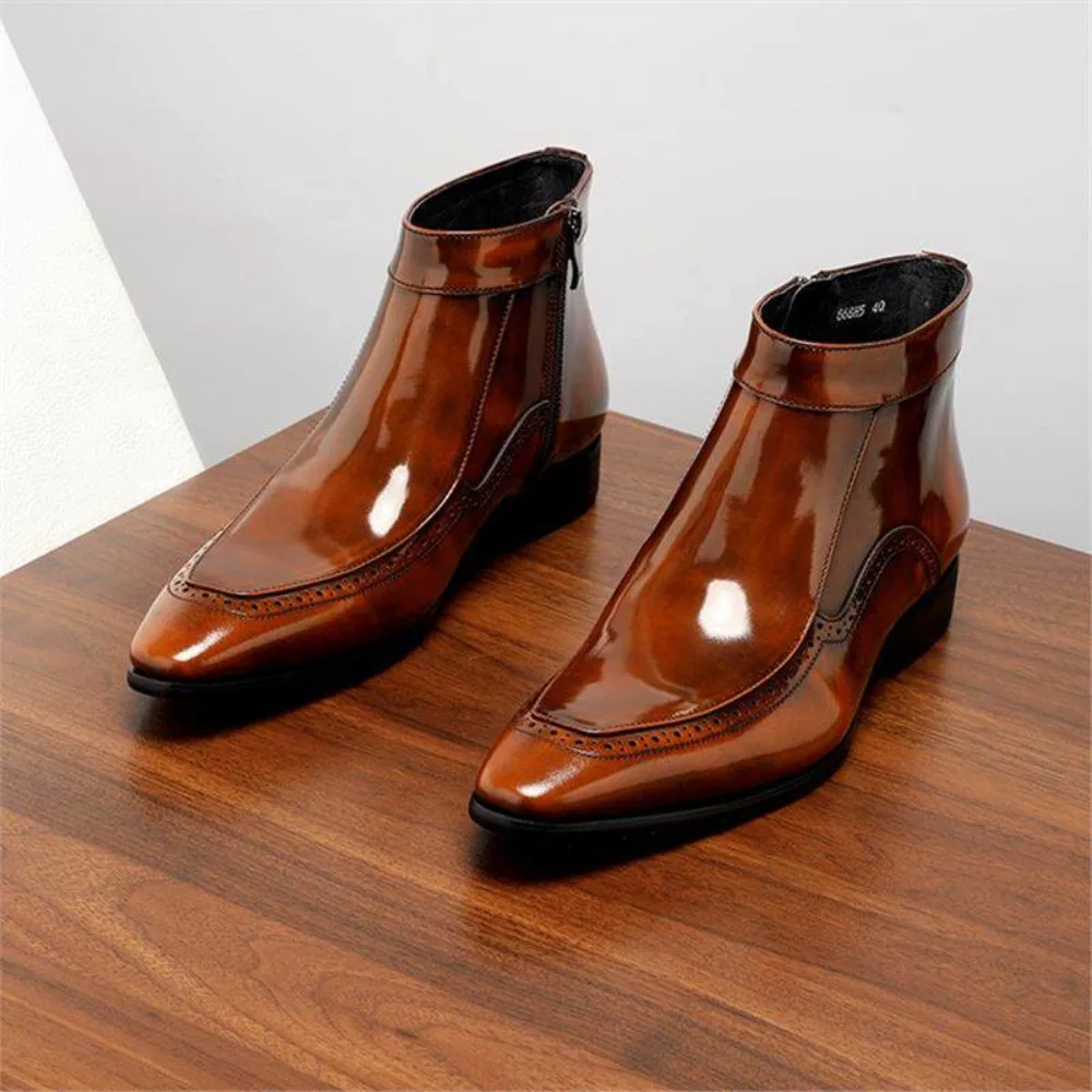 Men's Glossy Boots British Style Pointed Toe Zipper Genuine Leather High Top Ankle Boots Fashion Leather Boots