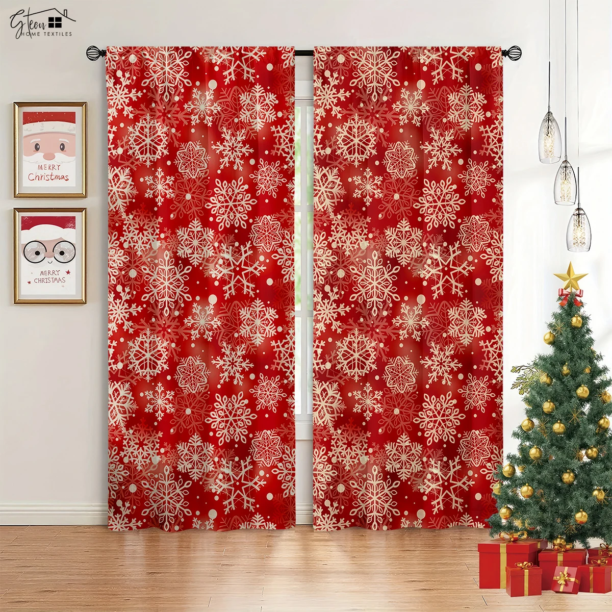 Christmas Decoration Curtain Christmas Tree Gift Living Room Bedroom Children's Room New Year Holiday Easy To Wash Curtains 2PCS