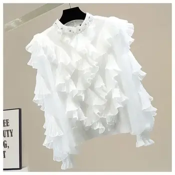 Těžká práce Flitry Korálky Diamanty Sladká halenka Trojrozměrné volánky Patchwork Košile s lucernou a stojáček Jednobarevný top 10 nejlepší prodej halenka s flitry - №1