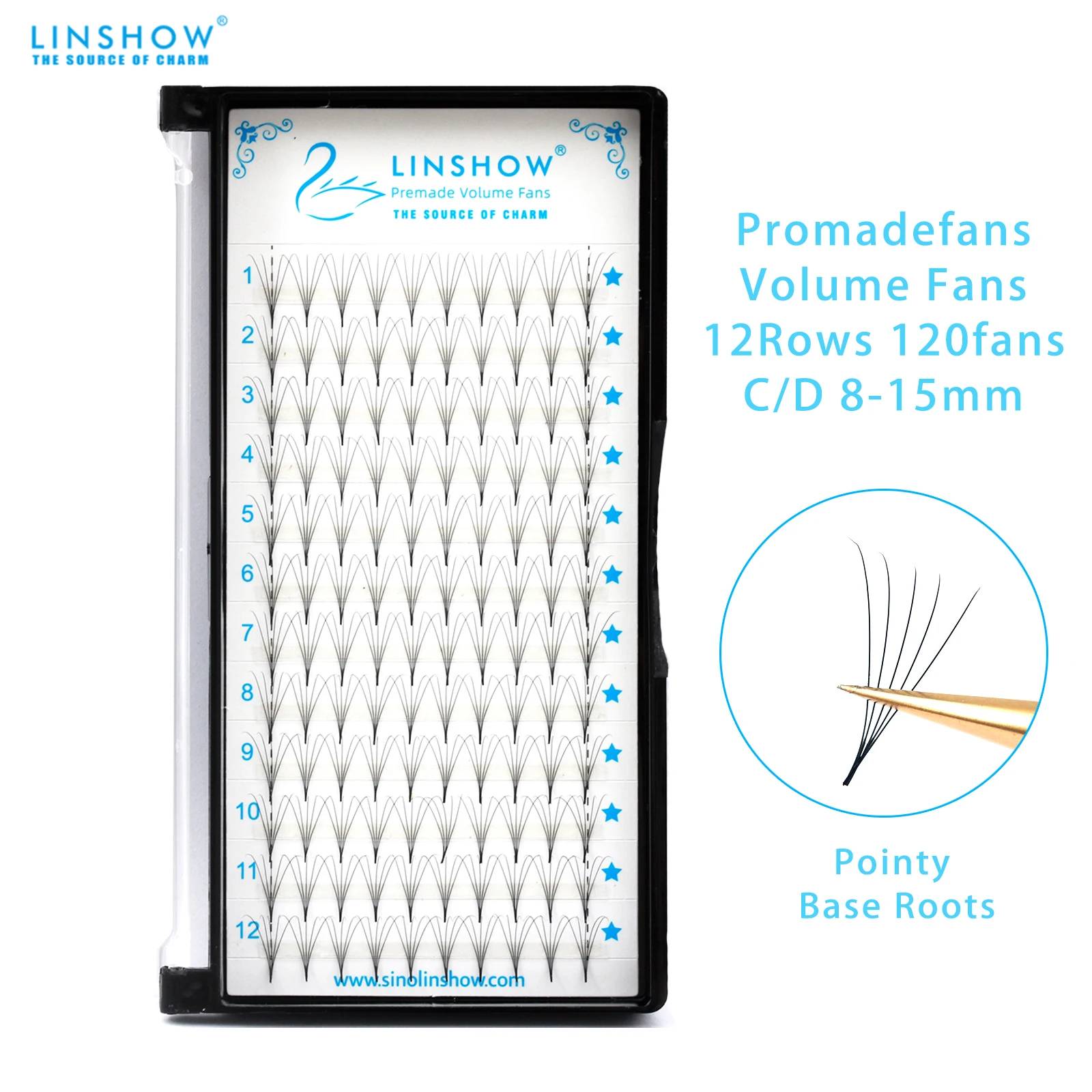 LinShow 5D Promade Volume Fans Long Stem Promade Fans 8-15mm Pointy Base Root Fans Premium Lash Extensions Makeup Supplies