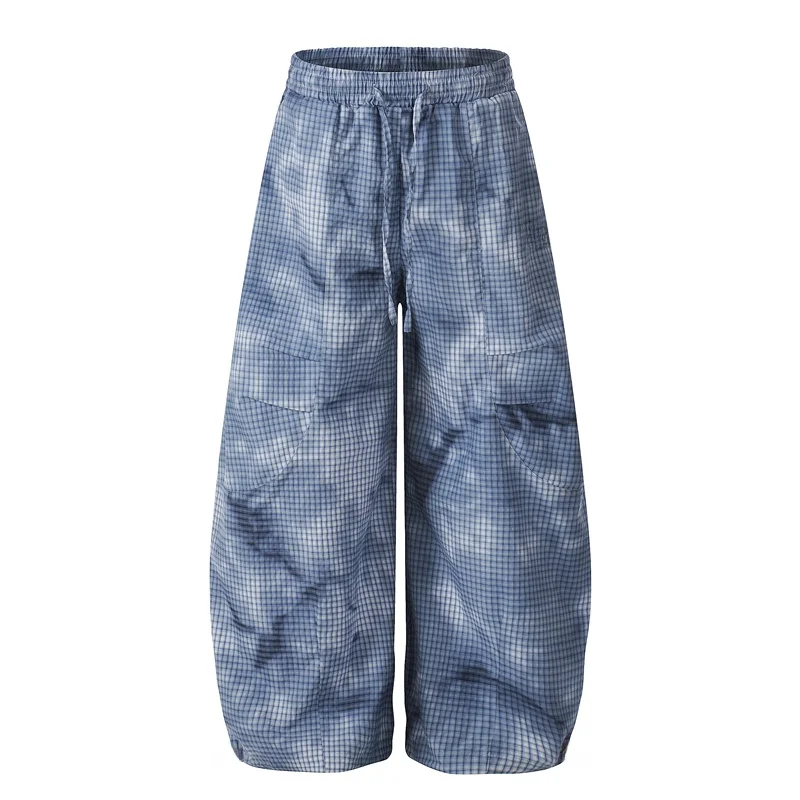 

GXFortune American Retro Plaid Dstring Paratrooper Pants ex Casual Street Dance Wide Leg Long Trousers