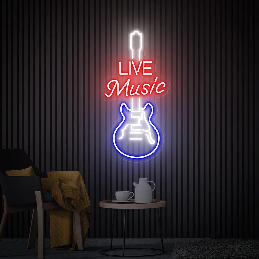 Live Music Neon Sign Guitar Neon Sign Wall Art Custom Music Party Studio Jamming Room Decor Led Light Personalized Gifts