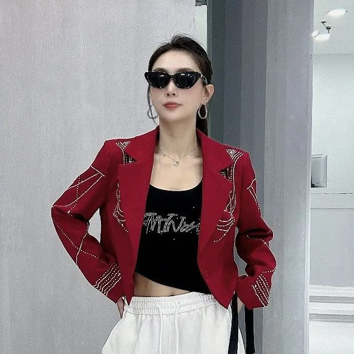 2027 Spring Autumn New Short Blazer Jacket Hot Drilling Irregular Suit Coat Women High-Quality Outerwear Ladies Fashion Overwear