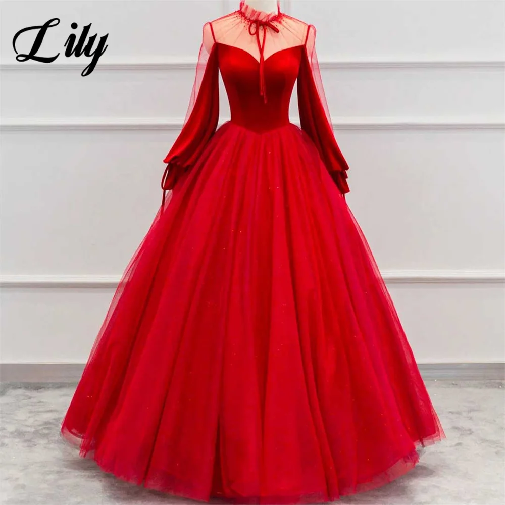 

Lily Red High Evening Gown Elegant Regular Sleeve Prom Dresses A-Line Layer Wedding Evening Dress with Pleats Tulle فساتين سهرة