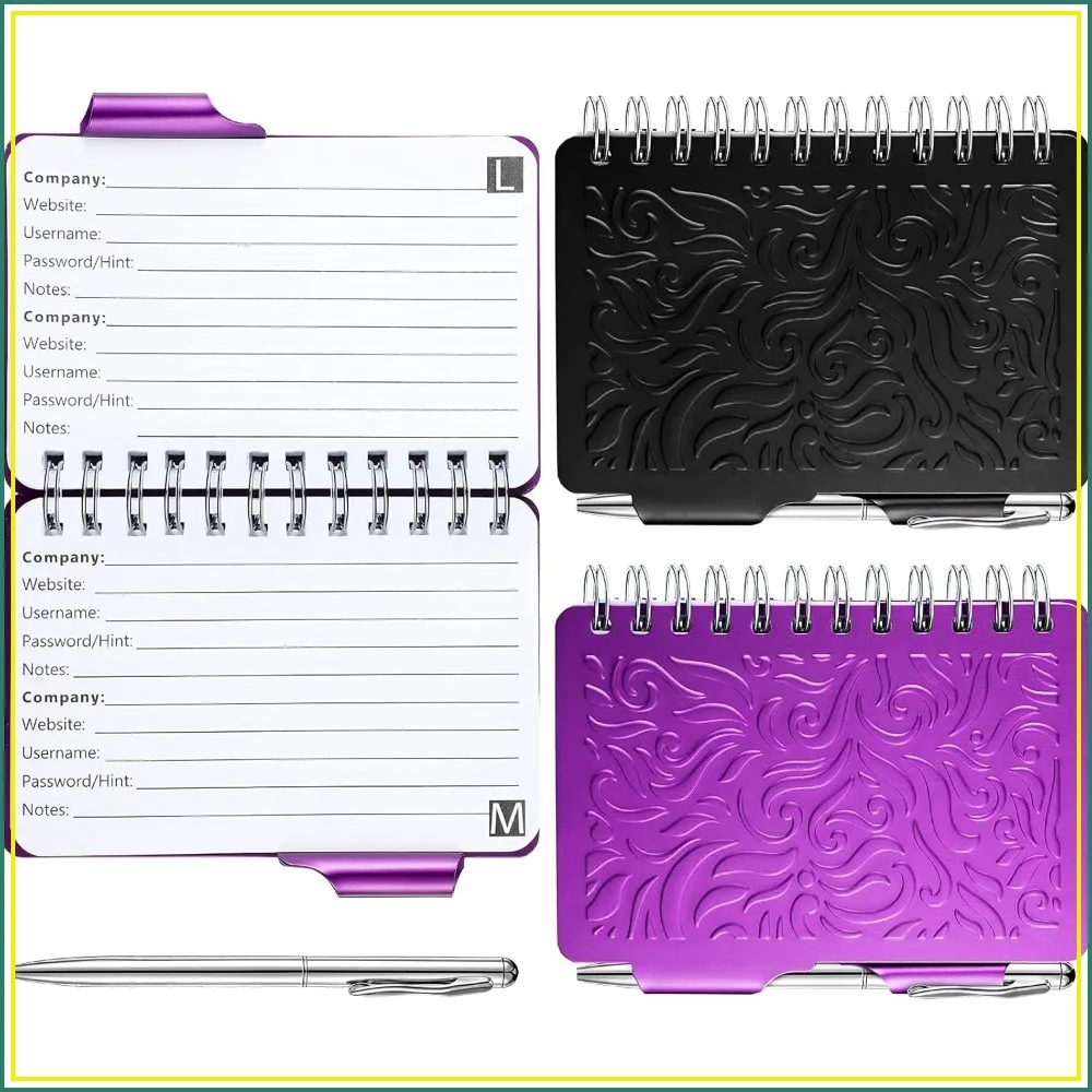 

2 Pcs Mini Password Book with Alphabetical Tabs, Metal Keeper, Elegant Mandala Pattern, Spiral Bound, Black & Purple