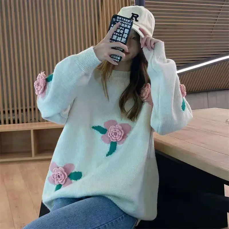 Spring and Autumn Retro Women's Fashion Heavy Industry Three Dimensional Pink Rose Blossom Sweater New Knitted Sweater E4564