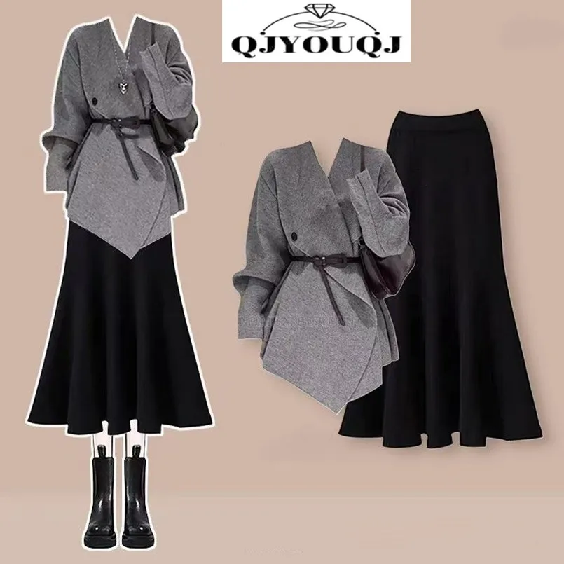 

Spring and Autumn Korean Set Women's Knitted Shirt Top Temperament Knitted Fish Tail Half Skirt Two Piece Set