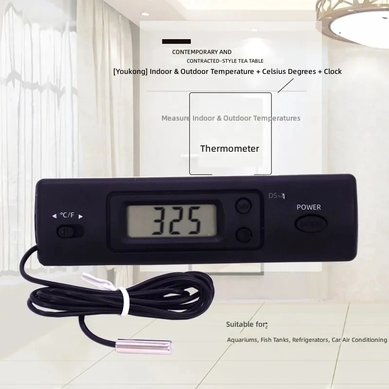 for DS-1 Digital Indoor Outdoor Thermometer with Clock Large Screen Display Dual Temperature Sensor Household