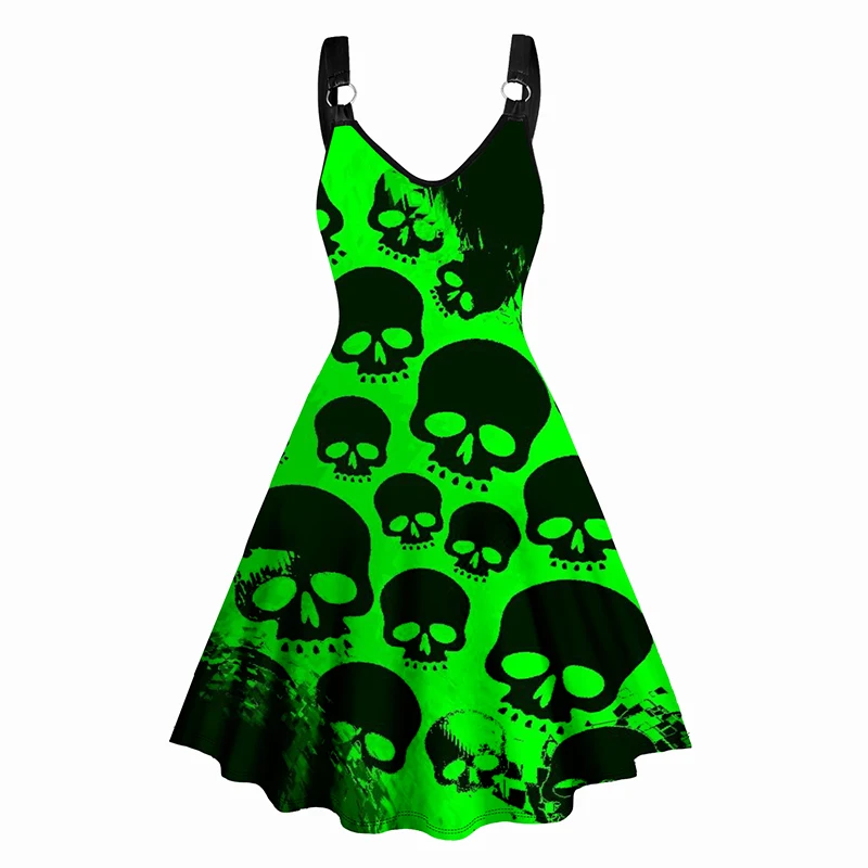 

Summer Dresses for Womens 2024 Sundress Skull Print V Neck Dress O Ring Straps Sleeveless A Line Tank Dress