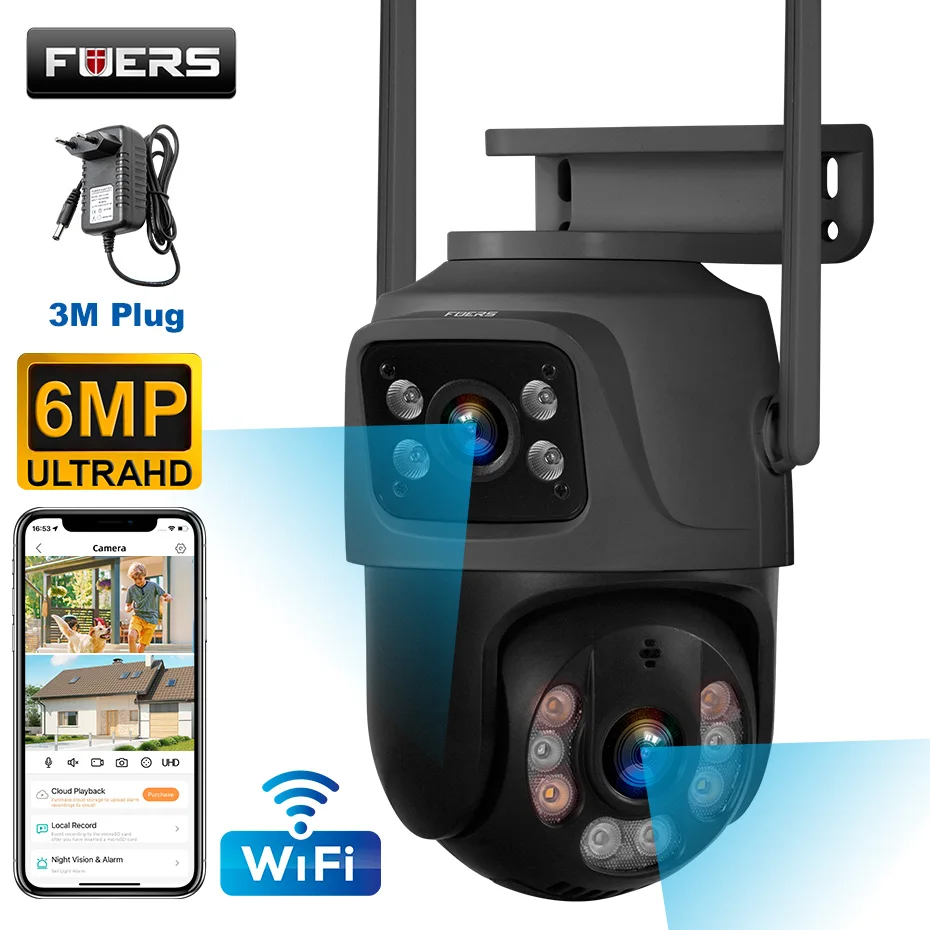 FUERS 6MP Wireless Outdoor WiFi Dual Lens IP Camera Home Security Camera Video CCTV Surveillance 3M Power  iCSEE Camera Screen