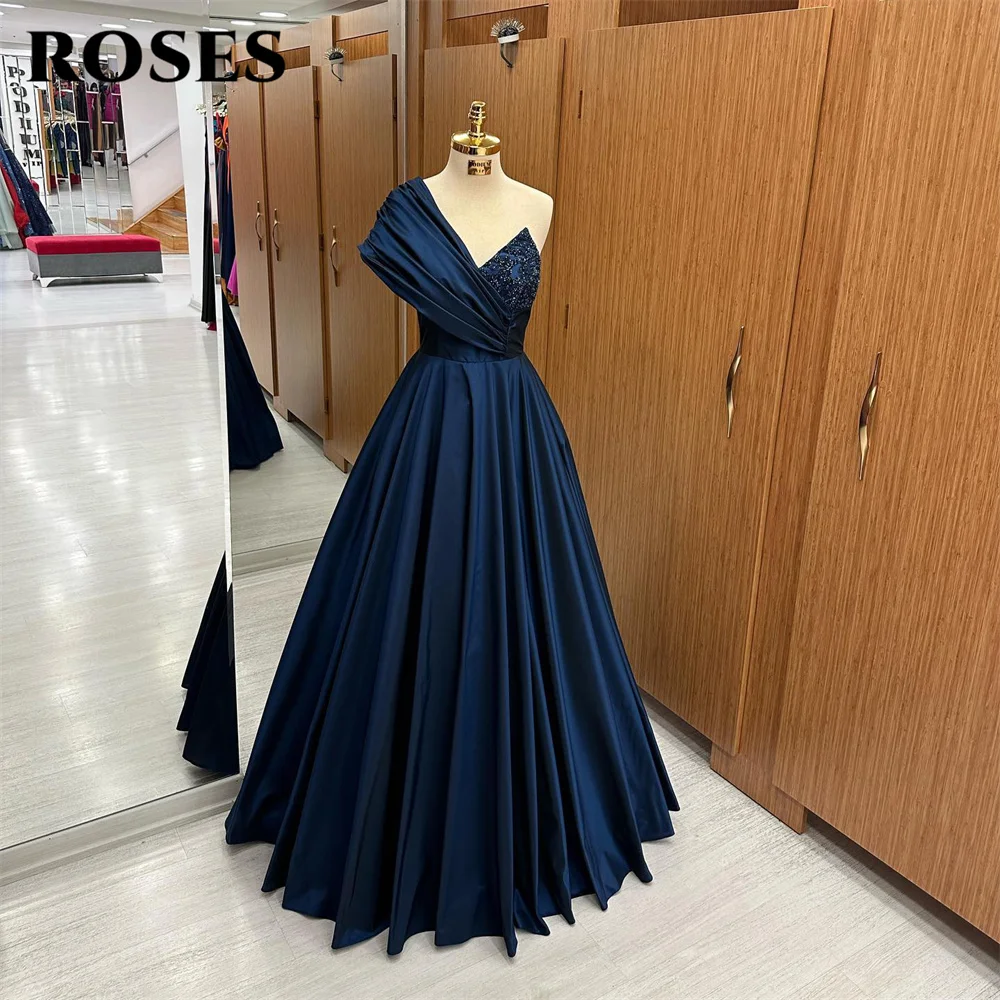 

ROSES One Shoulder Stain Evening Gown Royal Blue Elegant Prom Dress Beading A Line Pleat Wedding Evening Dress robes de soirée