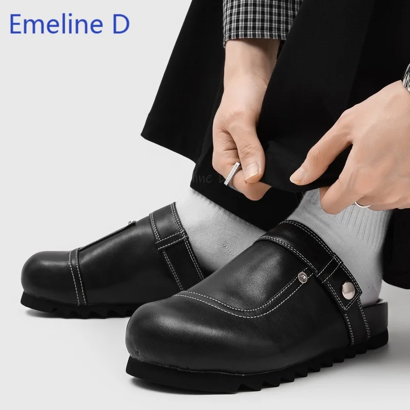 Leather Buckle Strap Mule Clogs Slip On Round Toe Platform Sole Comfortable Streetwear Casual Daily Work Outdoor Men Footwear