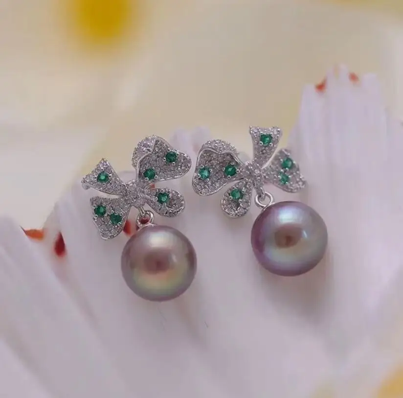 

classic pair of 10-11mm south sea round lavender pearl dangle earring 925s