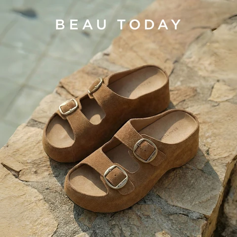 Повседневные сандалии BEAUTODAY для женщин, однотонные, из коровьей замши, с двойной пряжкой, на толстой подошве, тапочки, женская обувь ручной работы MS3D138