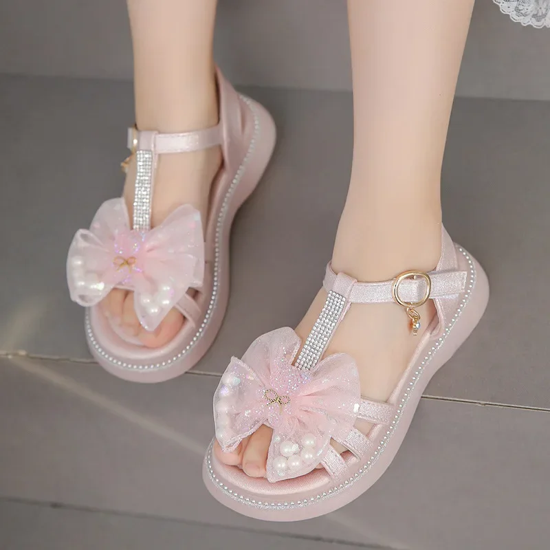 Girls Princess Bow-knot Sandals with Bear Kids T-strap Crystal Shoes Fashion Children Pearls Mary Jane Shoe for Party Wedding