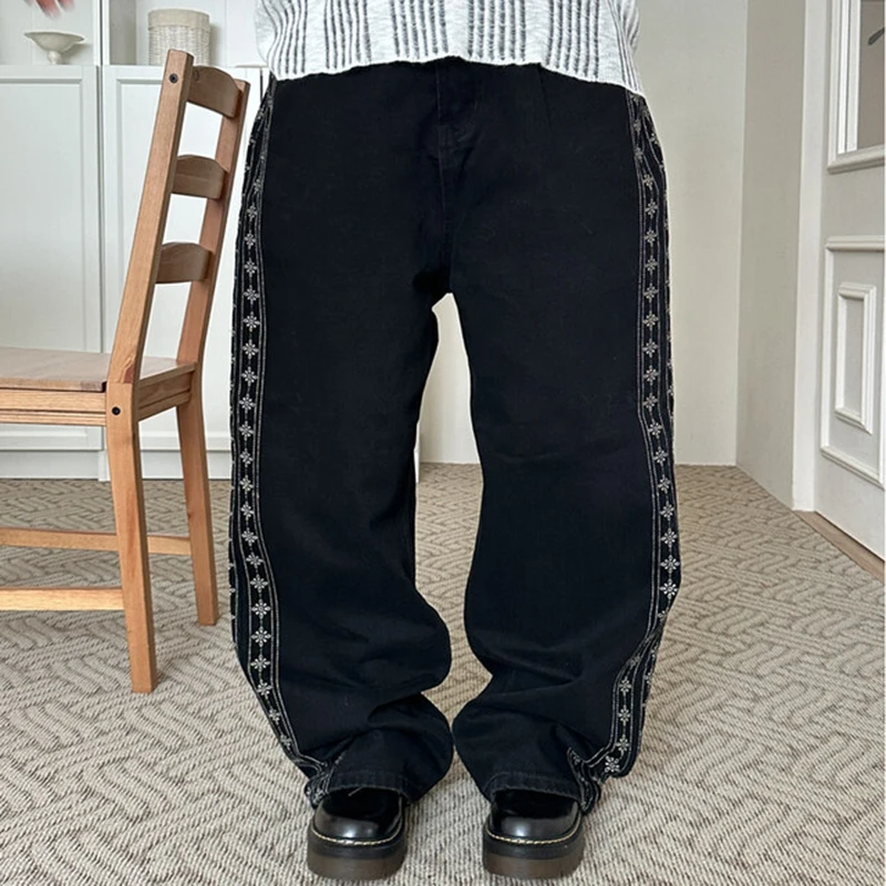 

Women's Black Checked Embroidered Striped Jeans Fashion Daily Y2k American High Waist Street Vintage 2000s Gothic Jeans Trousers