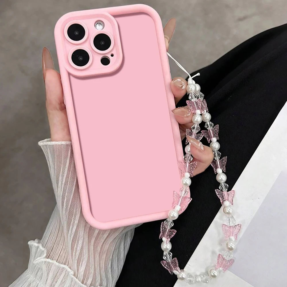 Pink Phone Case With Butterfly Pearl Lanyard For iPhone 17 16 15 14 13 12 11 Pro Max iPhone 16 15 14 8 7 Plus X XR 17E SE2 Cover