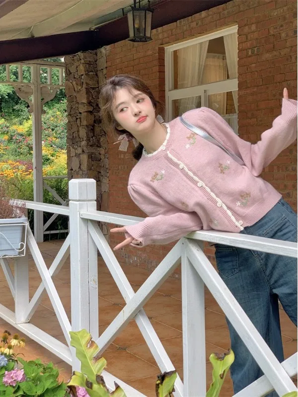 

Korean Sle Sweet Knitted Cardigan Heavy Work Hook Flower Cotton Blend Long Sve round Ne Warmth Spring Autumn Outerwear