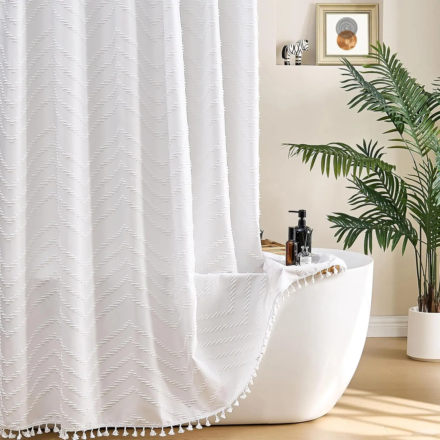 

White Boho Shower Curtain Fabric Textured Tufted Chevron Waterproof for Bathroom 72x72