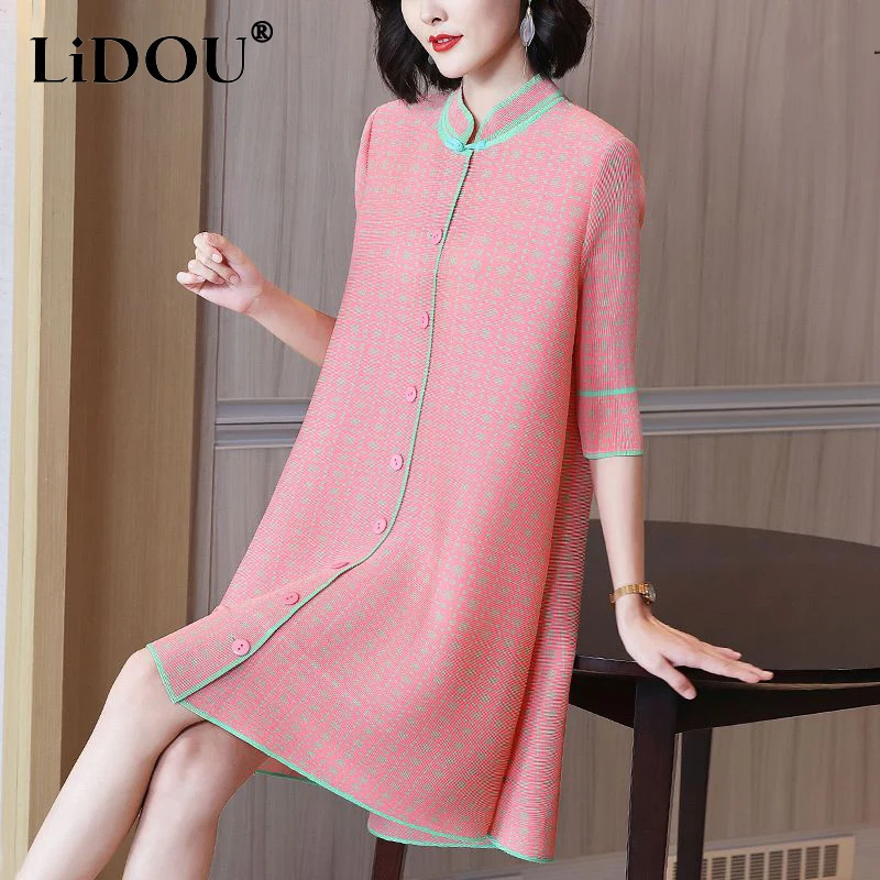 

spring summer stand collar simple fashion pleated mini dress female 3/4 sleeve elegant robe women temperament buttons vestidos