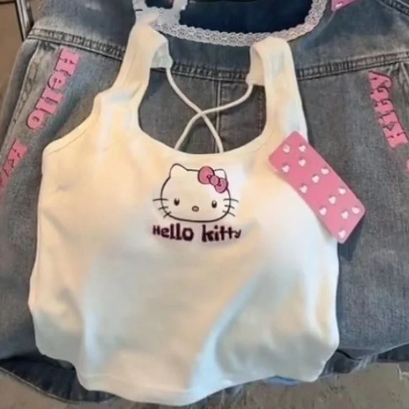 Fashion Clothing HelloKitty 2024 Tops with Breast Pad Cute Tank Top Girls Cool Cropped Top White Sexy Suspender Girl Gif Summer