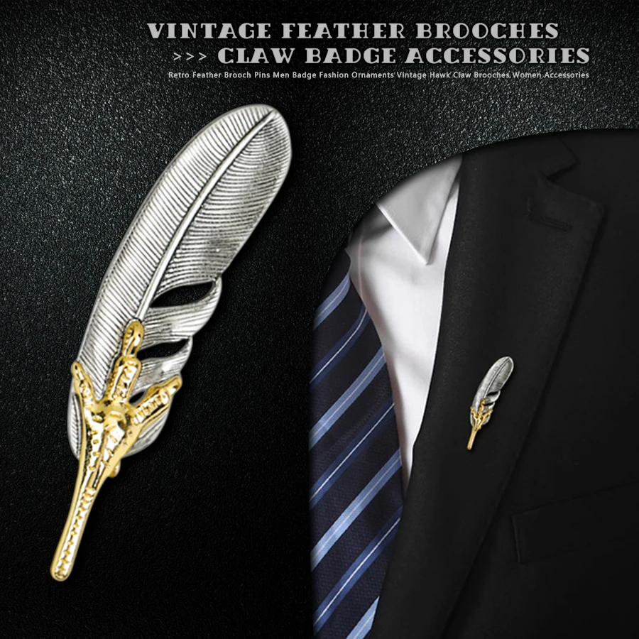 Retro Silver color Feather Brooch Pins Men Badge Fashion Ornaments Vintage Gold color Hawk Claw Metal Brooches Women Accessories