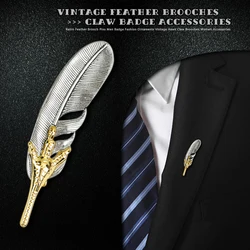 Retro Silver color Feather Brooch Pins Men Badge Fashion Ornaments Vintage Gold color Hawk Claw Metal Brooches Women Accessories
