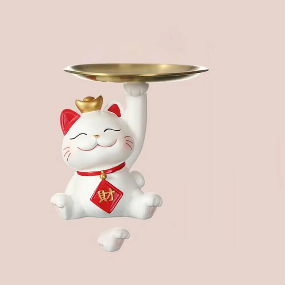 Large Capacity Cat Snack Food Holder Resin Craft Cartoon Lucky Cat Statue Handicraft Animal Miniature Figurine Home Decor