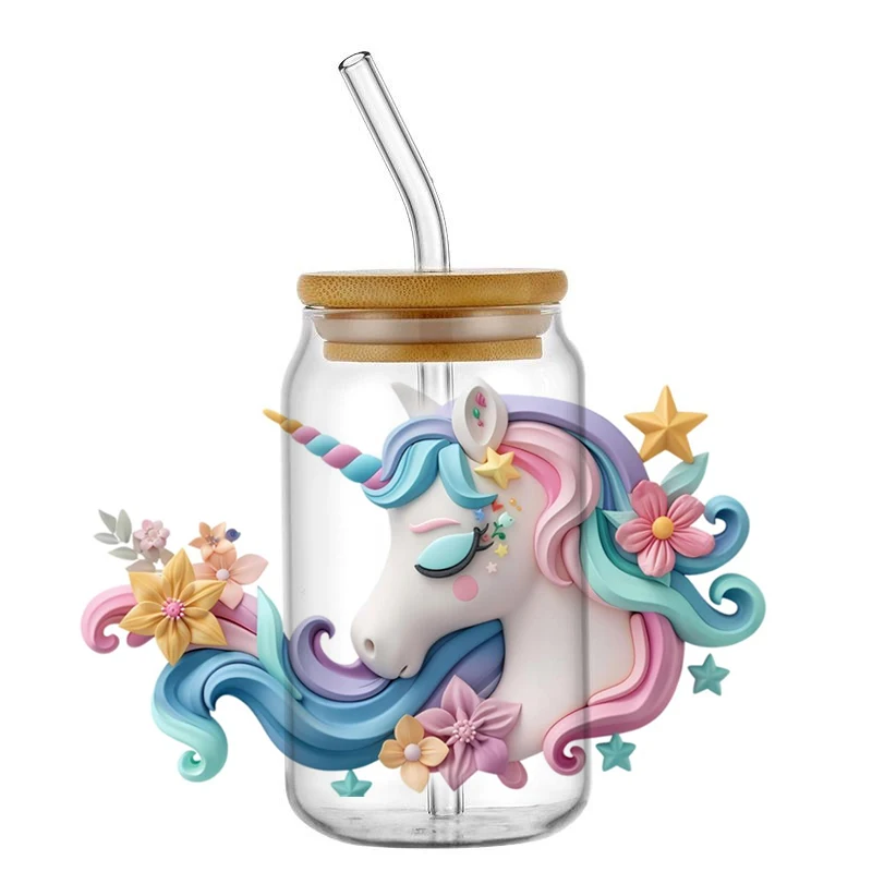 

40 New Design 3D Handsome Color Unicorn Decal UV DTF Cup Wrap for 16oz Libbey Glasses DIY Mug Transfer Sticker