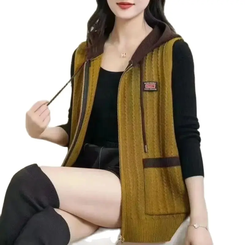 

Hooded Spring And Autumn Mom Fashion Sleeveless keep warm Vest Loose Knit Vest Cardigan Ladies New Sweater Wool Tank Top
