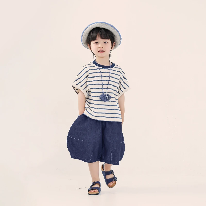 2026 Summer New Style Simple and High-end Pure Cotton Striped Half Sleeved T-shirt Top for Children