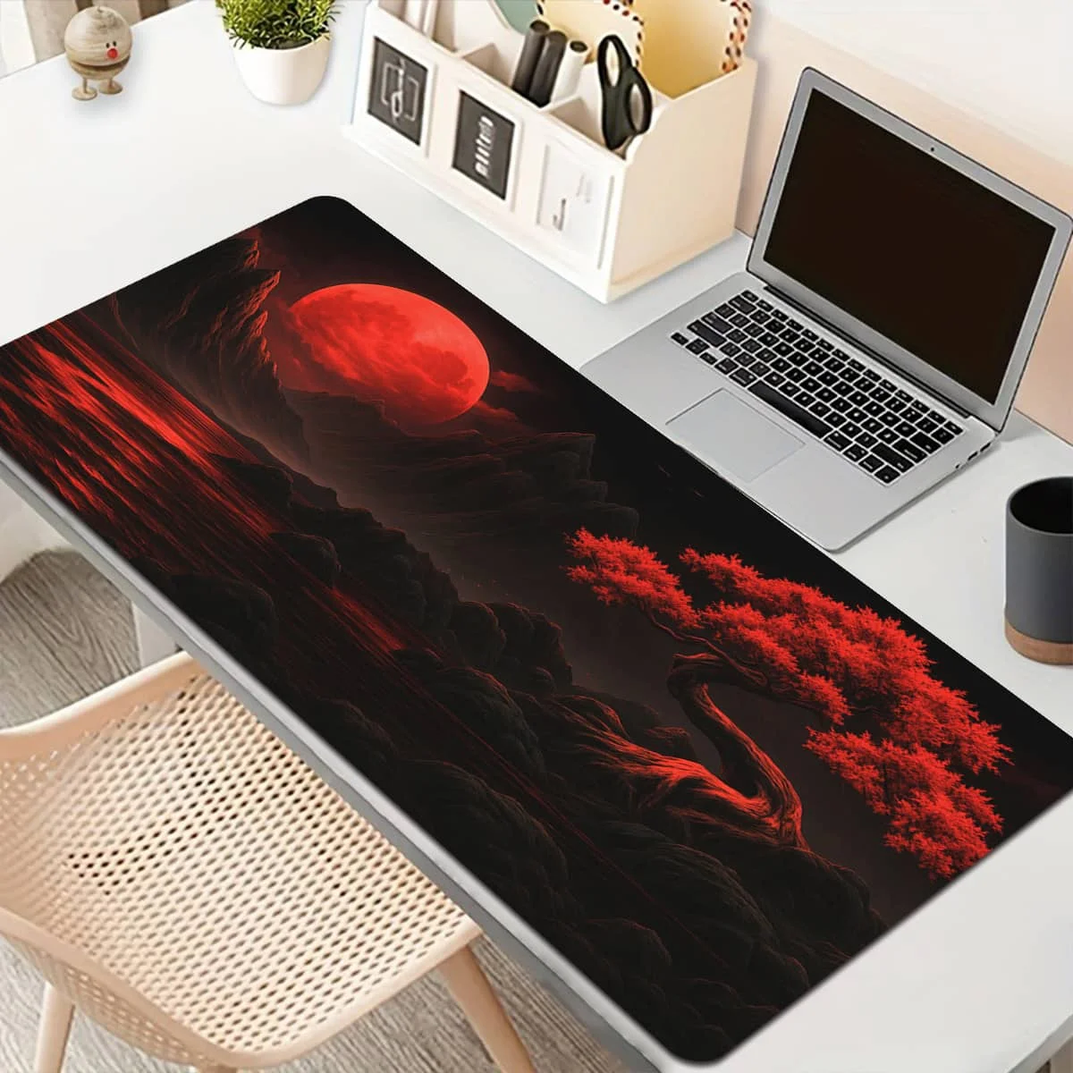 

1pc Red Moon Mountain Tree Mouse Pad - Non-Slip Rubber Base | Ideal for Office Home Decor | Dark Red Artistic Landscape Design