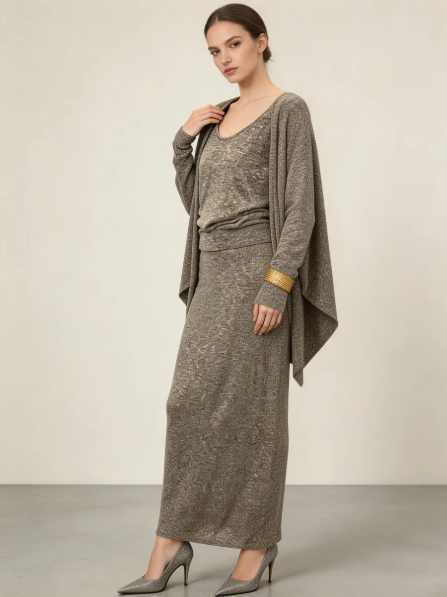 DFDG Women 2026 Knitted 3 Pieces Outfit Loose Batwing Sleeve Cardigan Cami Top Midi Skirt Set Elegant Daily Autumn Winter Suit