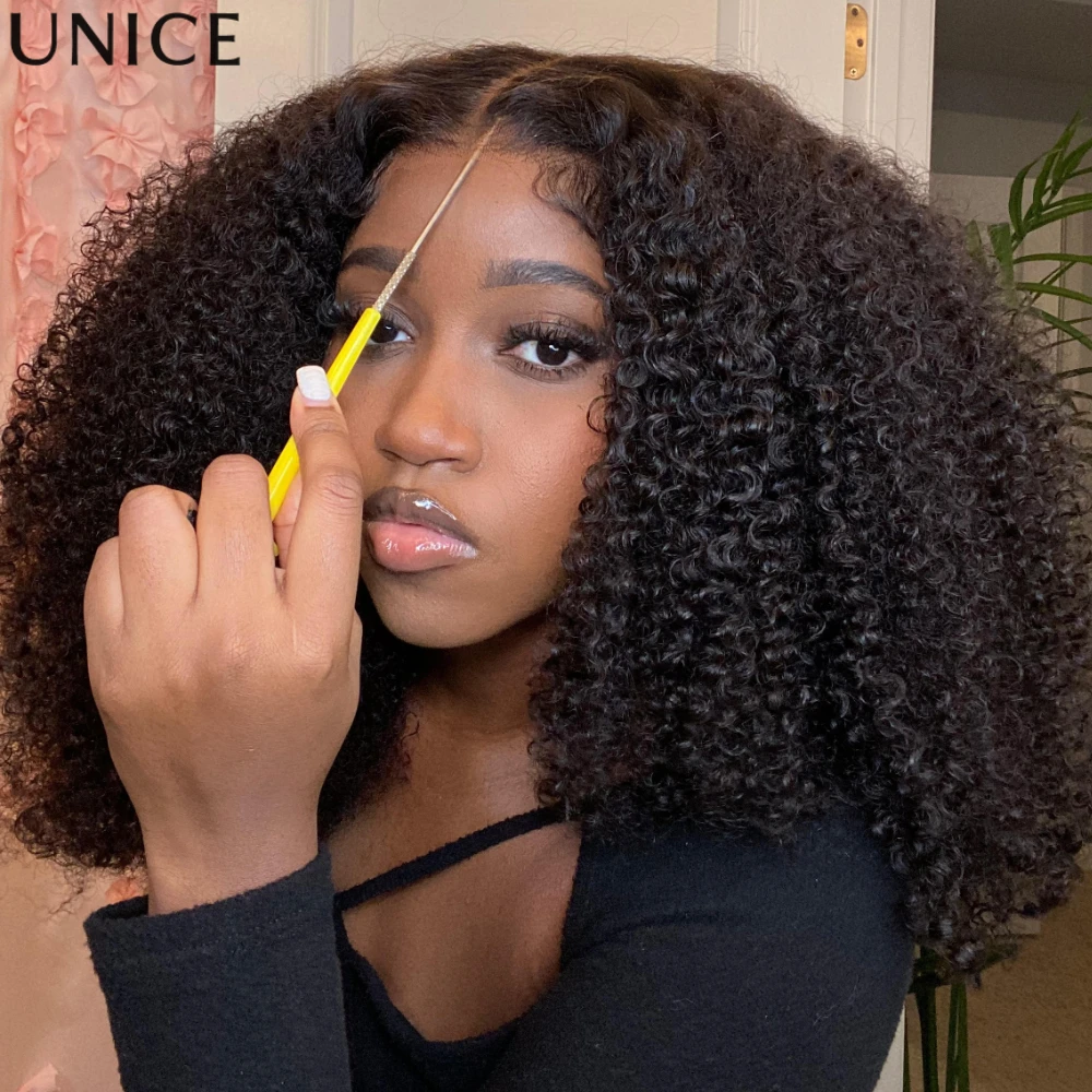 

UNice 4C Edges Kinky Curly Human Hair Wig Pre Cut Pre Bleached 7x5 Lace Glueless Wig With Drawstring