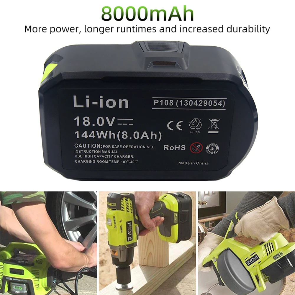 بطارية ليثيوم أيون بديلة P108 8.0Ah 18 فولت لبطارية Ryobi ONE + P104 P105 P107 P106 RB18L60 RB18L50 RB18L40 أداة طاقة مدمجة