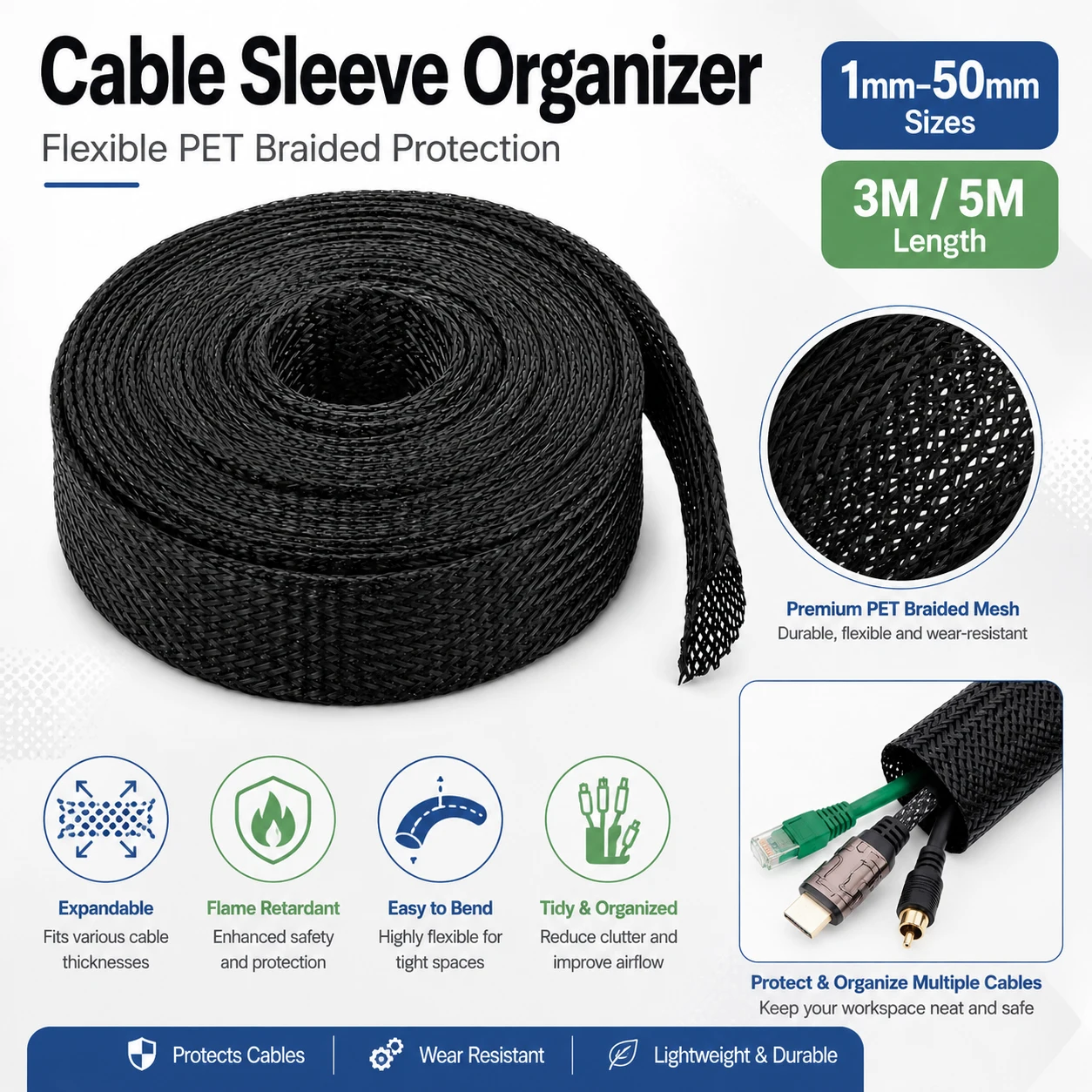 1-3Roll 3/5meter Black PET Braided Sleeving, Expandable Flame Retardant Insulated Nylon Cable Protector Wire Organizer Tube