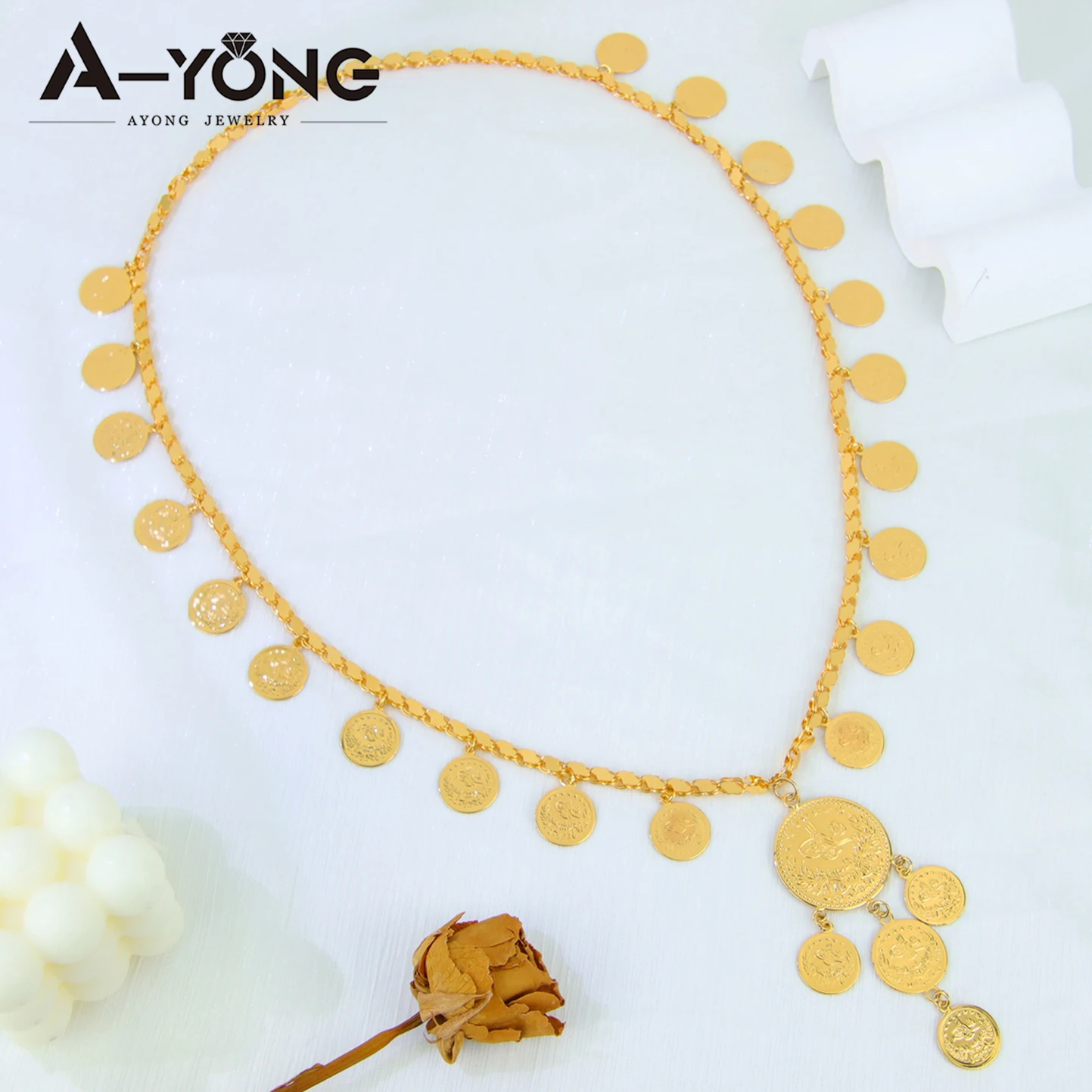Arabic Fashion Coins Necklace 24k Gold Plated Kurdish Luxury Bridal Wedding Long Necklaces Oman Women Event Party Jewelry