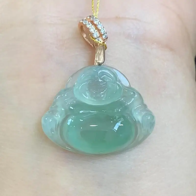 Jade pendant ice-type with floating floral patterns smiling design large-bellied Maitreya Buddha small pendan