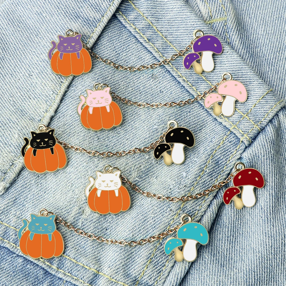 Cute Cat Lying On Pumpkin Enamel Pins Cartoon Mushroom Custom Brooches with Chain Bag Denim Lapel Badge Jewelry Gifts For Friend