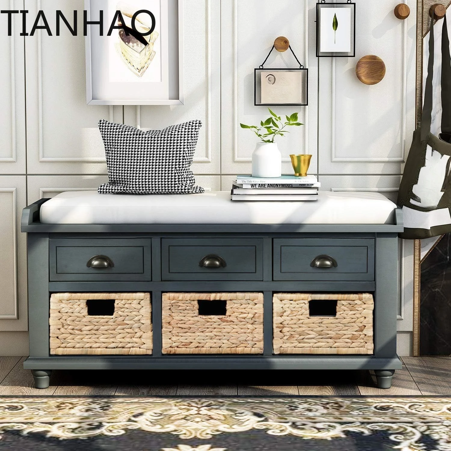 Rustic Storage Bench with 3 Drawers and 3 Rattan Baskets Removable Cushion for Entryway Hallway Front Door, Type 4