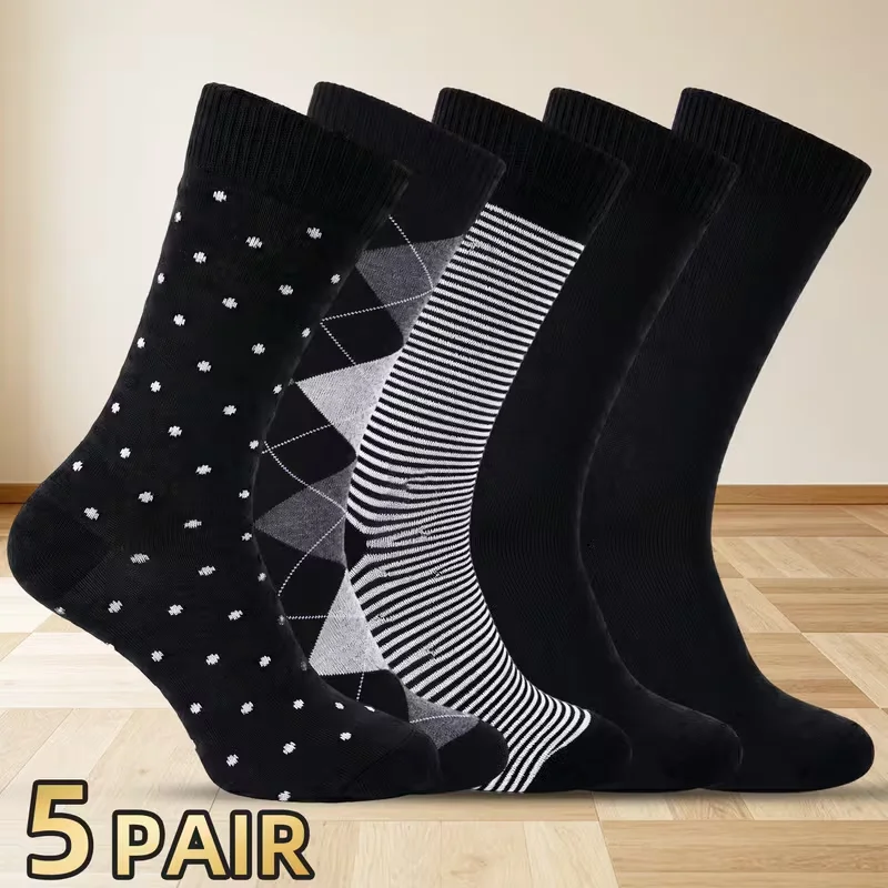 5 Pairs Men's Bamboo Fiber Socks Mixed Patterns Argyle Dot Stripe Solid Black Casual Business Socks Soft Breathable Mid‑Calf Socks for Daily Wear
