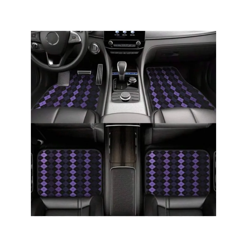 Set Of 4 Car Floor Mats, Black & Purple Checkered Design,, Front & Rear, Universal Car Interior Protection & Decoration Accessor