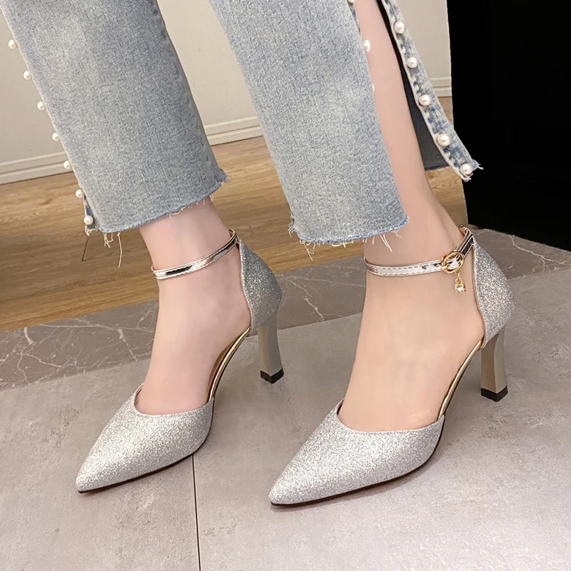 Bling Gold Silver Women\'s Pumps Sexy Point Toe Thin Heel Party Wedding Shoes Bridal Woman Summer Ankle Strap High Heels Shoes PU